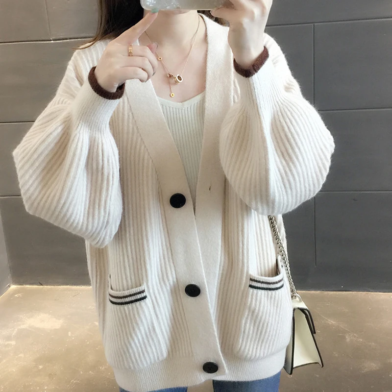 

Solid Autumn Spring Ladies Kintted Cardigans Lantern Sleeve Woman Sweater with Buttons and Pockets Loose Casual Female Cardigans