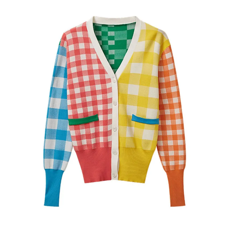 Women's Patchwork Plaid Knit Cardigan Woman Single-breasted Sweater Korean Fashion Chic Thin GD081 |