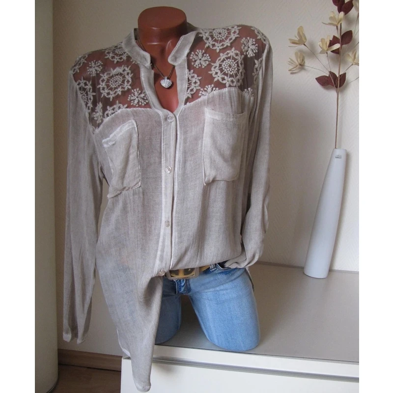 

Mandylandy Shirt Summer Long Sleeve Single-Breasted Pocket V-neck See-through Shirt Women's Casual Solid Lace Stitching Shirt