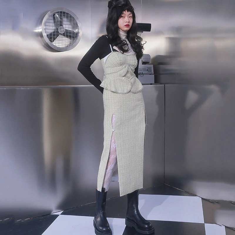 

SeeBeautiful Plaid Ruffles Stitching Sling Dress Sleeveless Two Side Split New Fashion 2021 Spring Women M706