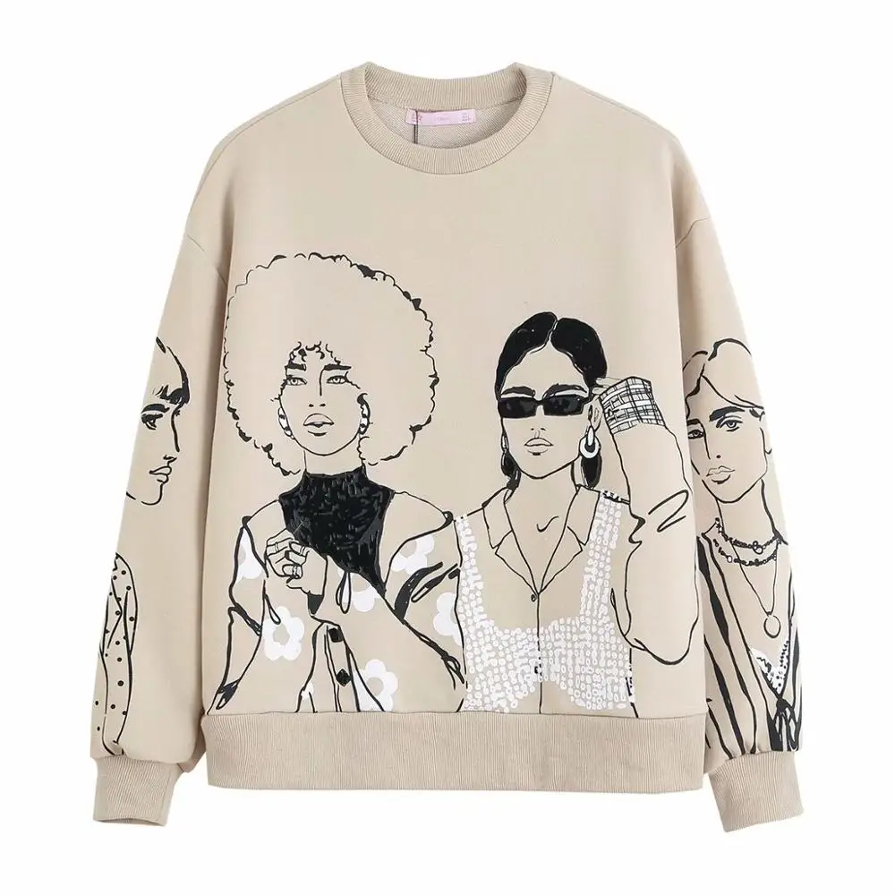 

2021 New Women Sweatshirts Beautiful Girls Printed Long Sleeves O-Neck Chic Lady Fashion Casual Woman Pullover Hoodie Tops