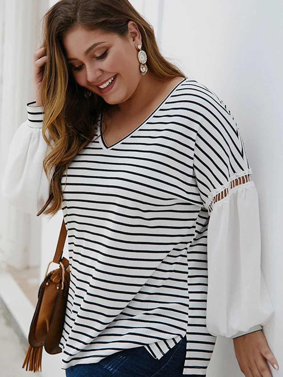 Women Over Size T-shirt 2020 Spring New Striped Stitching Tops Ladies V-neck Sexy Blouse Lantern Long Sleeve Casual |