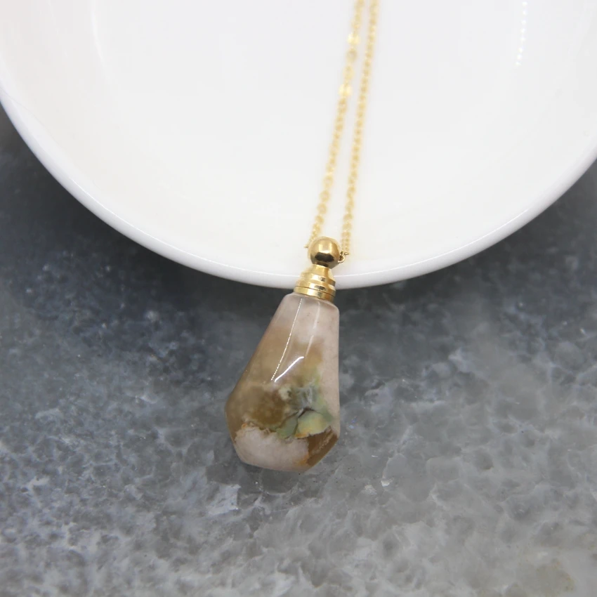 

5 Shape Choice Natural Sakura Agates Perfume Bottle Pendants Necklaces,Cherry Blossom Stone Essential Oil Diffuser Vial Charms