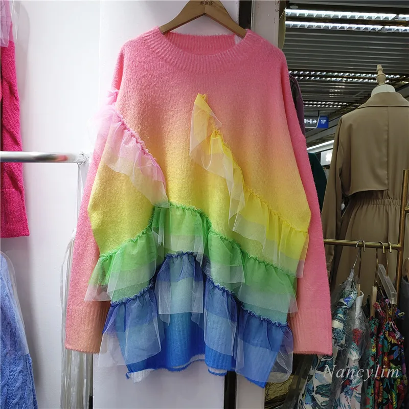 

Женский трикотажный свитер с кружевом, пуловер средней длины с длинным рукавом, с градиентным переходом цветов, Осень-зима 2021