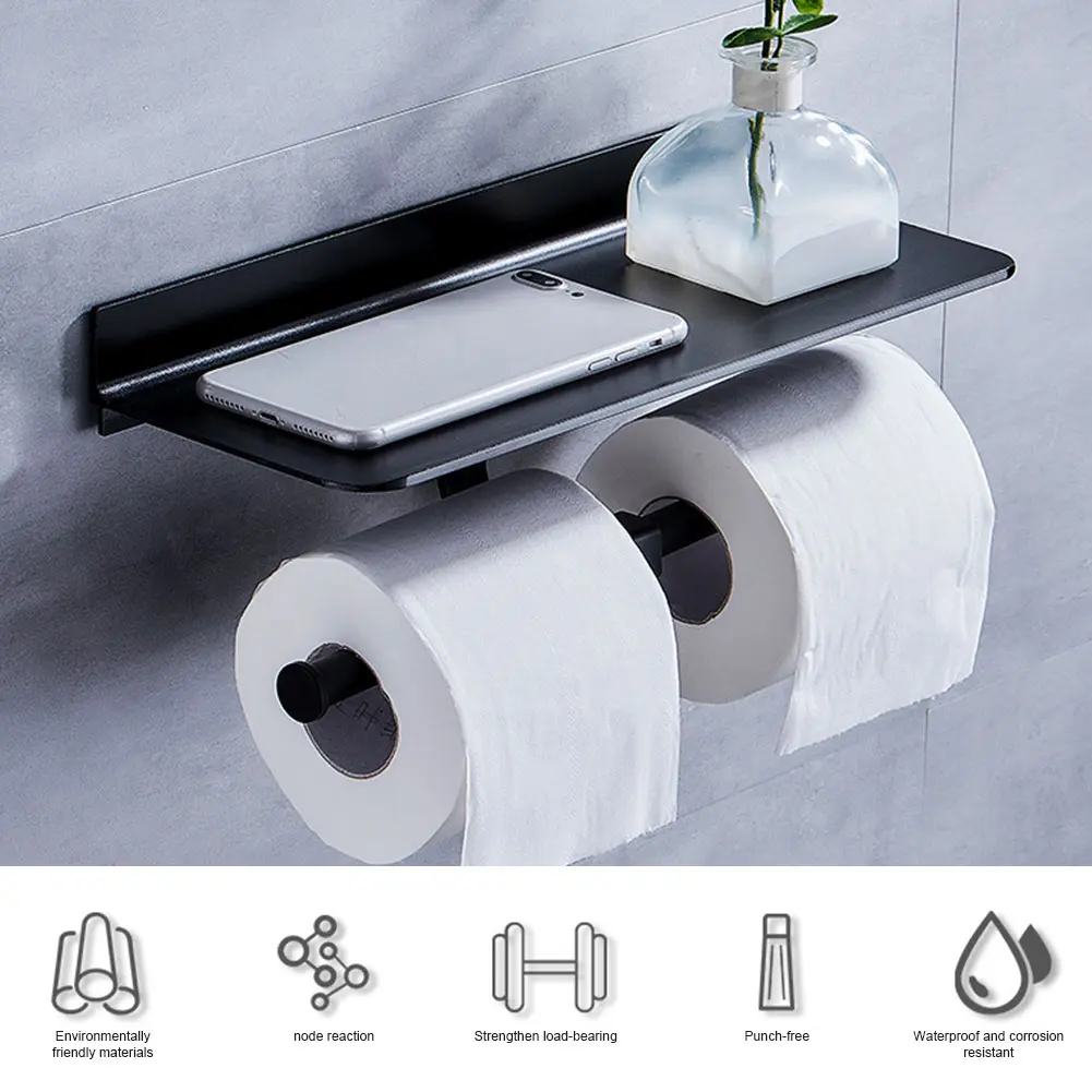 

Space Aluminum Bathroom Toilet Double Paper Holder Glue Adhesive Home Washroom Anti Rust With Storage Shelf No Drilling