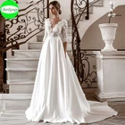 Элегантное кружевное свадебное платье 2021, женское атласное платье-трапеция с рукавами три четверти, винтажное платье для невесты