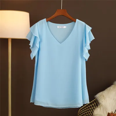 

hanWomen's plus size summer short-sleeved V-neck chiffon top t-shirt