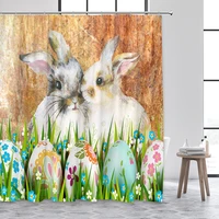 cute rabbit easter eggs shower curtains set green grass blue flowers retro background polyester fabric bathroom decor with hooks