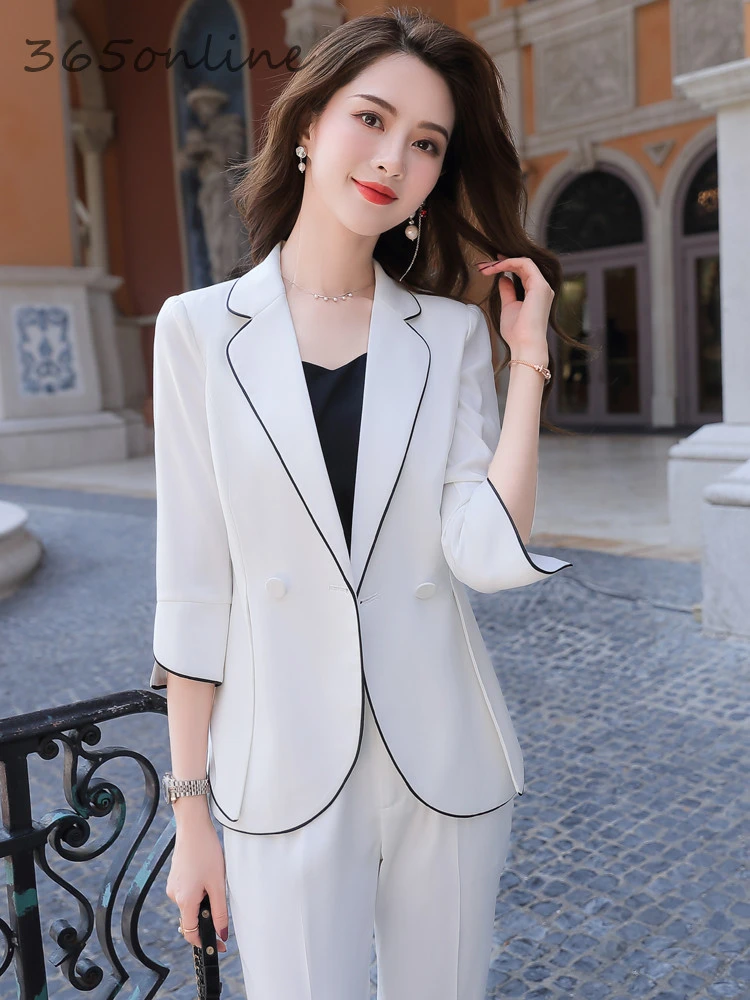

Formal Uniform Designs Pantsuits with Pants and Jackets Coat Spring Summer Half Sleeve for Ladies Office Professional Blazers