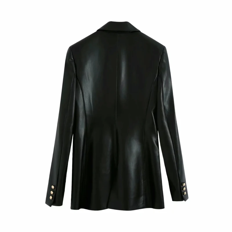 

Vintage Chic Double Breasted Leather Jacket Women Fashion Lapel Collar Long Sleeve Coat Female Chic Outerwear