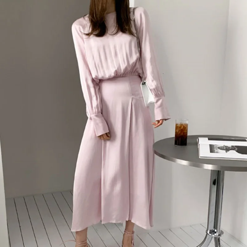 LANMREM однотонное Плиссированное женское платье с круглым вырезом длинным рукавом