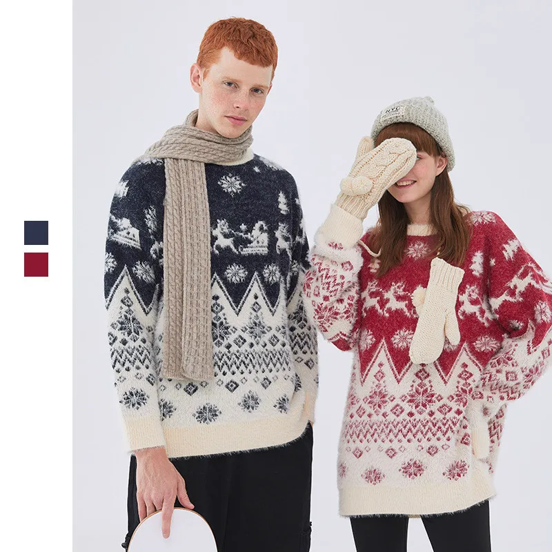 

2020 Mens Hip Hop Streetwear Pullover Sweater Christmas Cartoon Pattern Knitted Sweater Cotton Loose Red Pullover Sweater