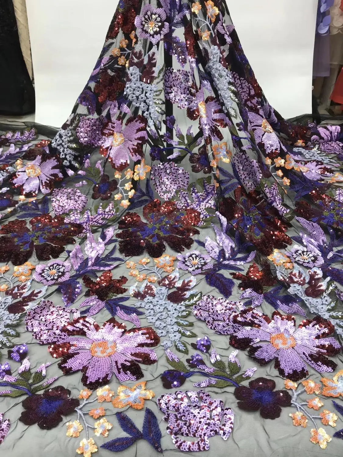 

top quality african tulle net embroidery mul ti color sequins lace fabric JOY-31621 french style seuqins lace for party