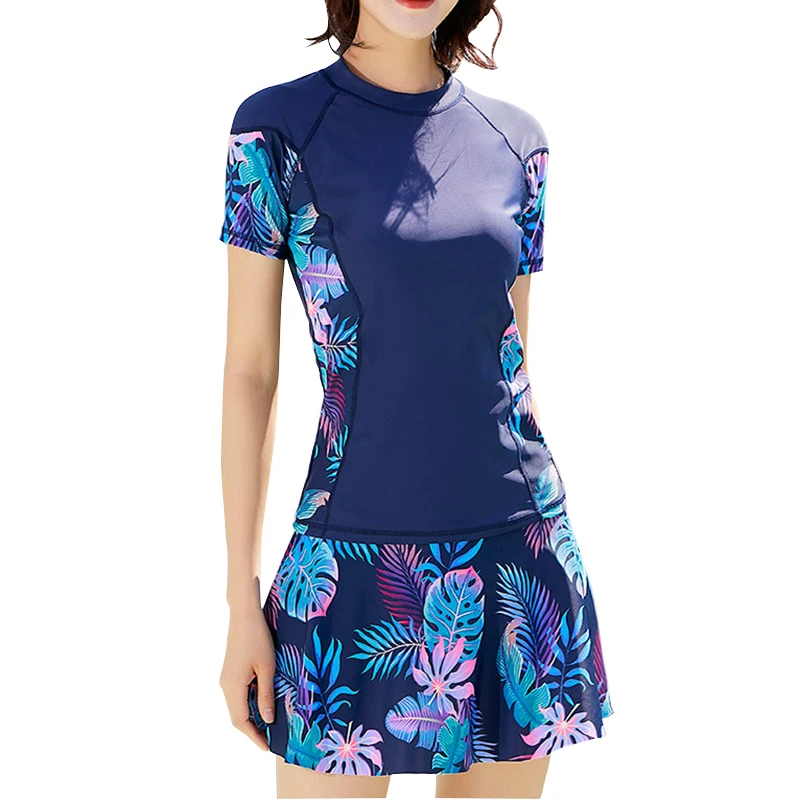 

2021 с коротким рукавом размера плюс Рашгард купальник с юбкой для женщин, пуш-ап, большой размер, одежда для купания, купальный платье Tankini гид...