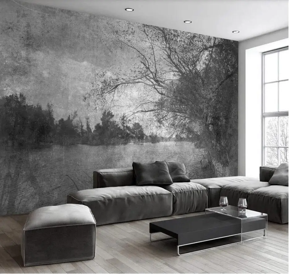 XUE SU пользовательские обои роспись черно-белые ретро простой пейзаж дерево ТВ фон