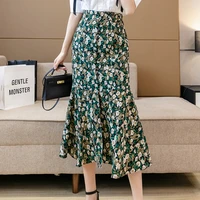chic green floral mermaid skirt women 2022 high waist a line korean beading elegant split chiffon skirts midi bottom