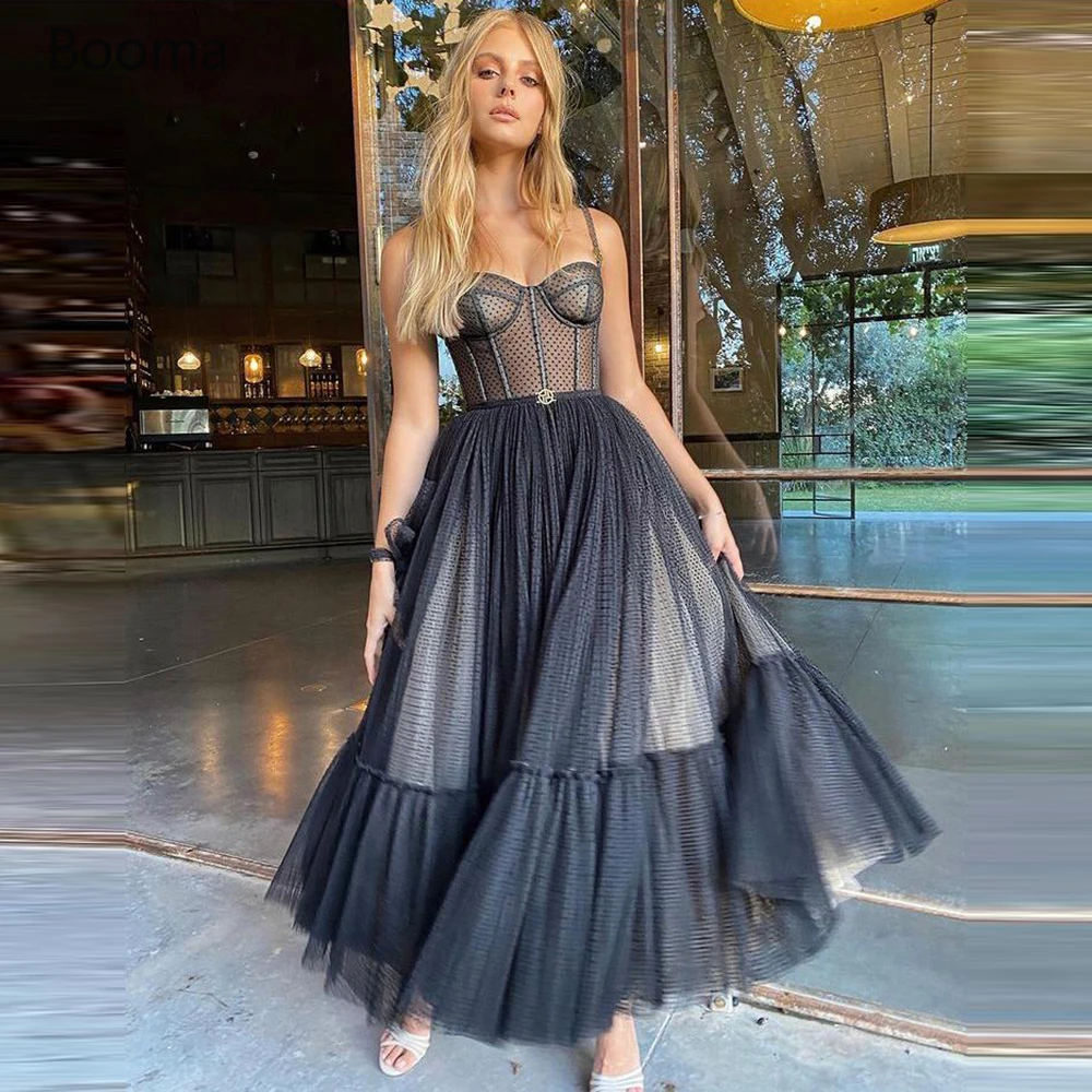 

Booma Black Dotted Tulle Prom Dresses Spaghetti Straps Boning A-Line Short Prom Gowns Illusion Tea-Length Wedding Party Dresses
