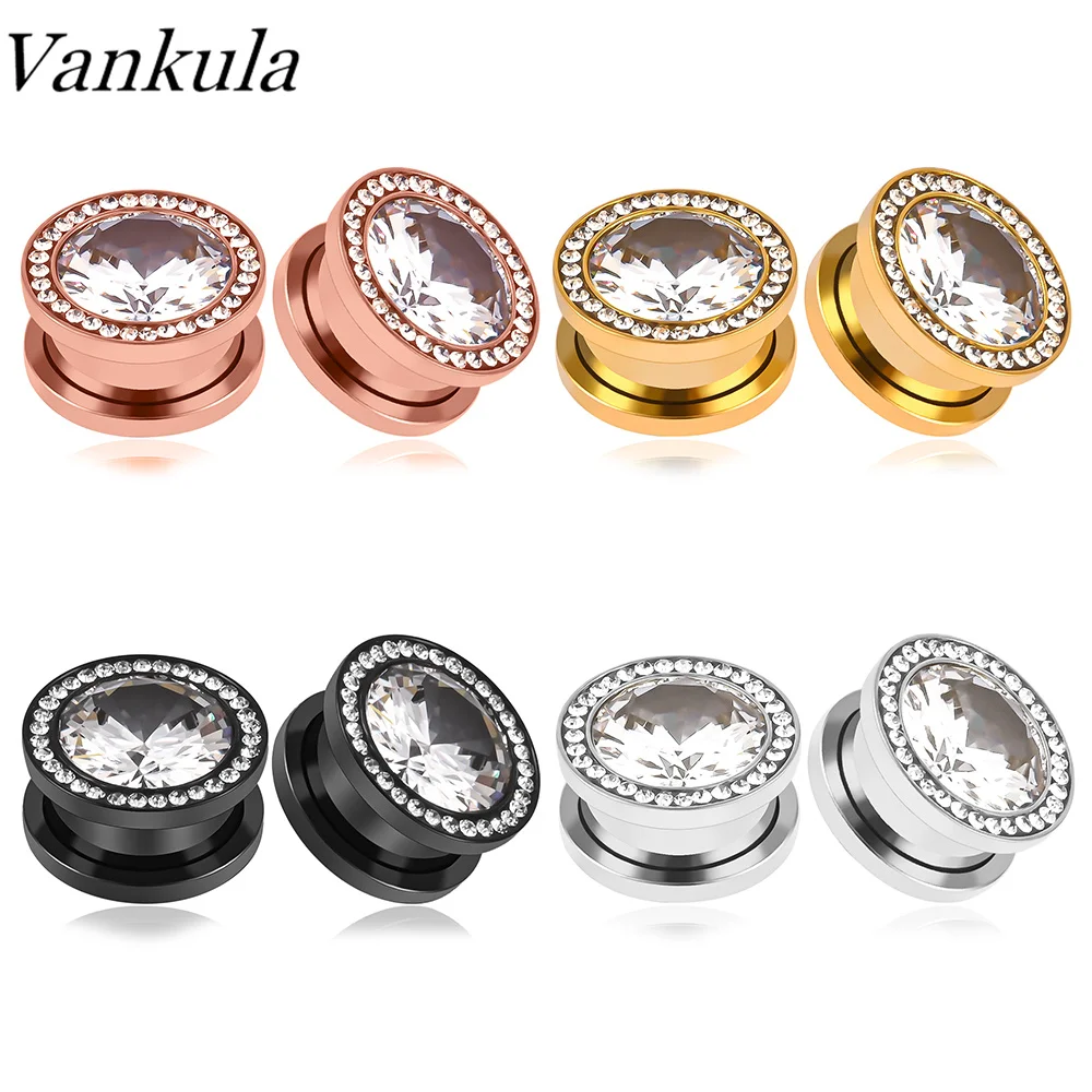 

Vankula 2pcs 316L Stainless Steel Zircon Ear Tunnels Plug Screw Fit Ear Flesh Gauge Ear Expanders Piercing Jewelry