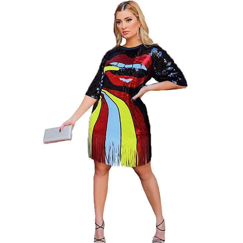 Женское вечернее платье с кисточками Lemon Gina коротким рукавом и блестками для