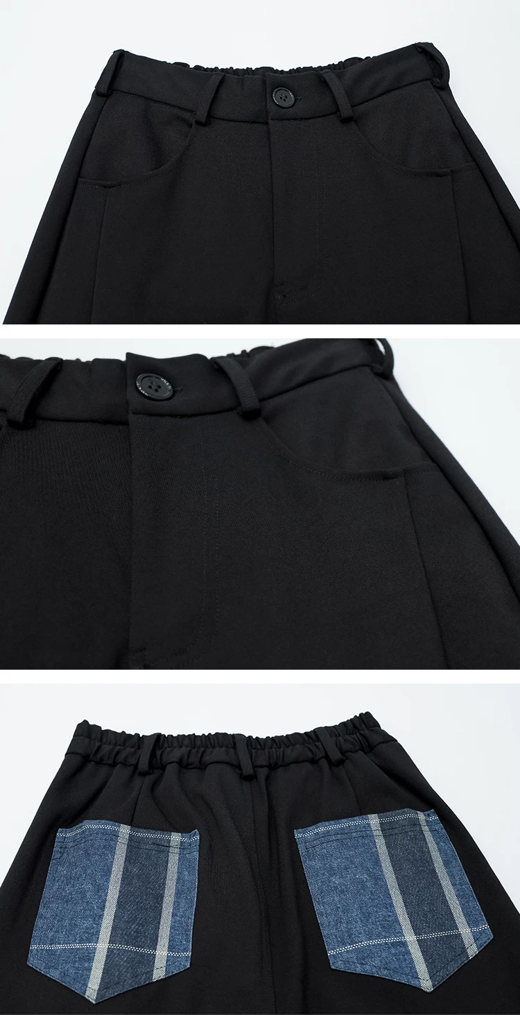 

CHEERART Denim Patchwork Long Pants Women Trousers Black Straight Leg Pants High Waist Fashion Korean Pants 2020