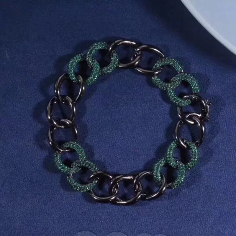 Женский браслет с цепочкой SLJELY из серебра 925 пробы черным и зеленым цирконием