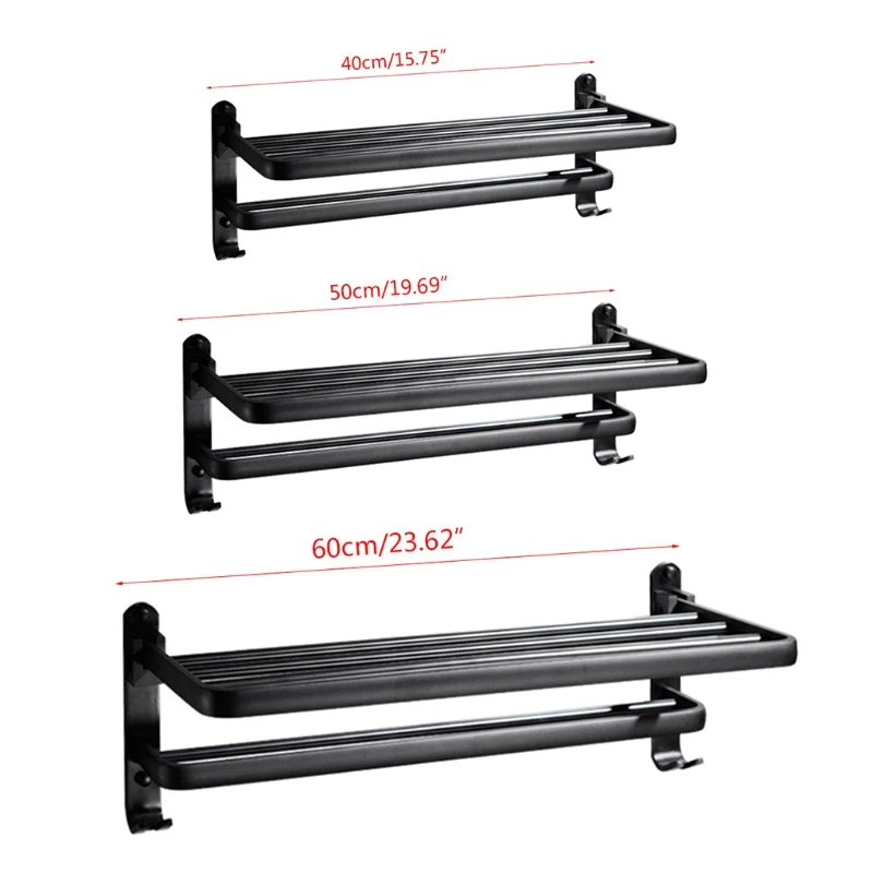 

Space Aluminum Black Towel Rack Wall Mounted Folding Towel Holder Storage Shelf with Hook Bathroom Shower Room Accessories