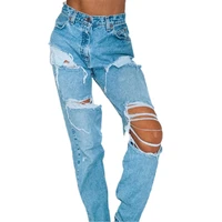 women ripped cargo jeans straight leg denim baggy pants causal loose high waist boyfriend jeans full length hole ladies trousers