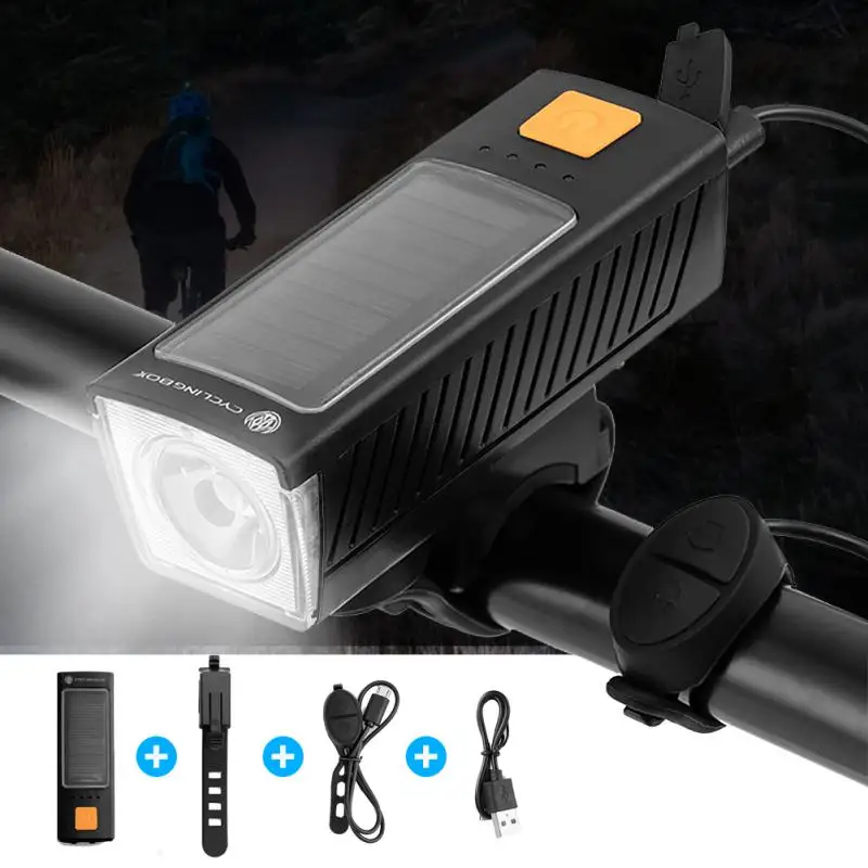 

Велосипедный передсветильник фонарь с зарядкой от солнечной батареи и звуковым сигналом 130 дБ, Электрический звуковой сигнал, зарядка чере...