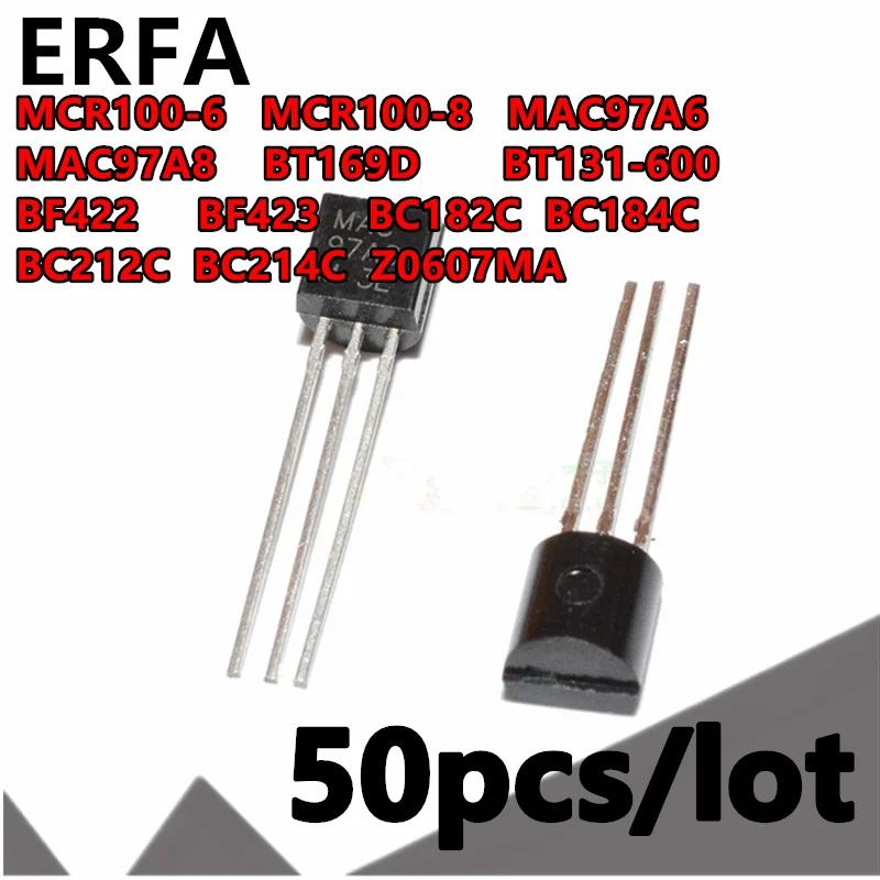 50pcs MCR100-6 MCR100-8 MAC97A6 MAC97A8 BT169D BT131-600 BF422 BF423 BC182C BC184C BC212C BC214C Z0607MA triode TO-92
