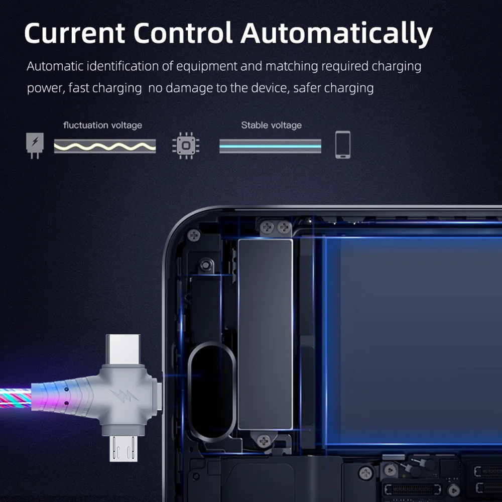 

3 in 1 Charging Cable LED Glow Flowing Charger Cable Luminous Lighting Fast Charging Line Micro USB Type-C Connector for Phone