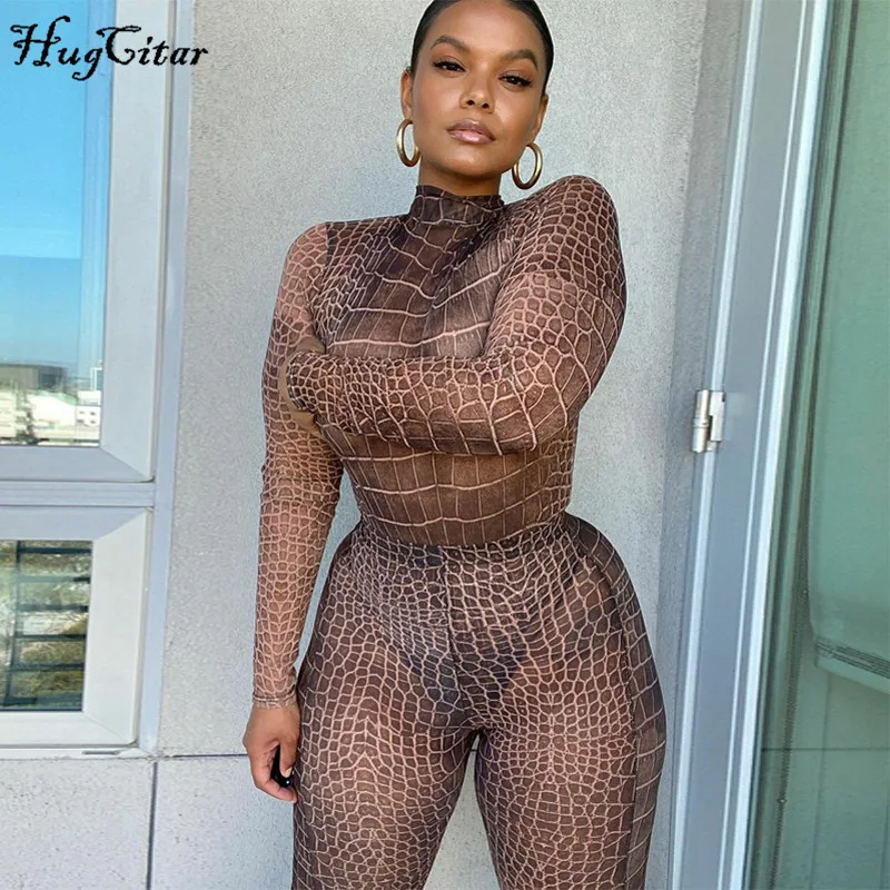 Hugcitar 2020 сетчатые прозрачные Леггинсы со змеиным принтом комплект из 2 предметов