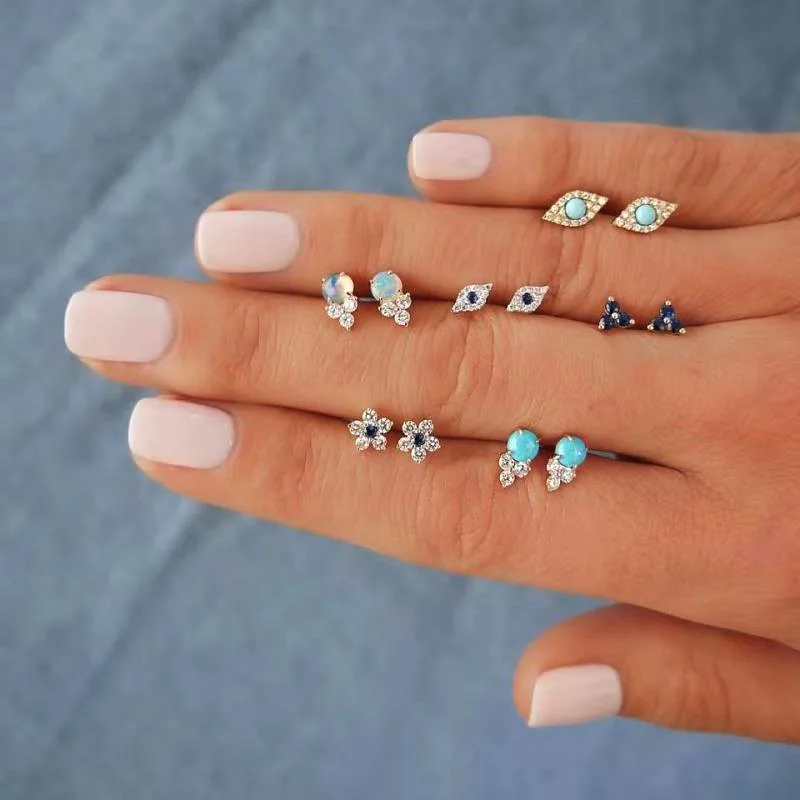 

6PCs Fashion Simple Rhinestone Flowers Evil Eyes Ear Studs Women Wholesale