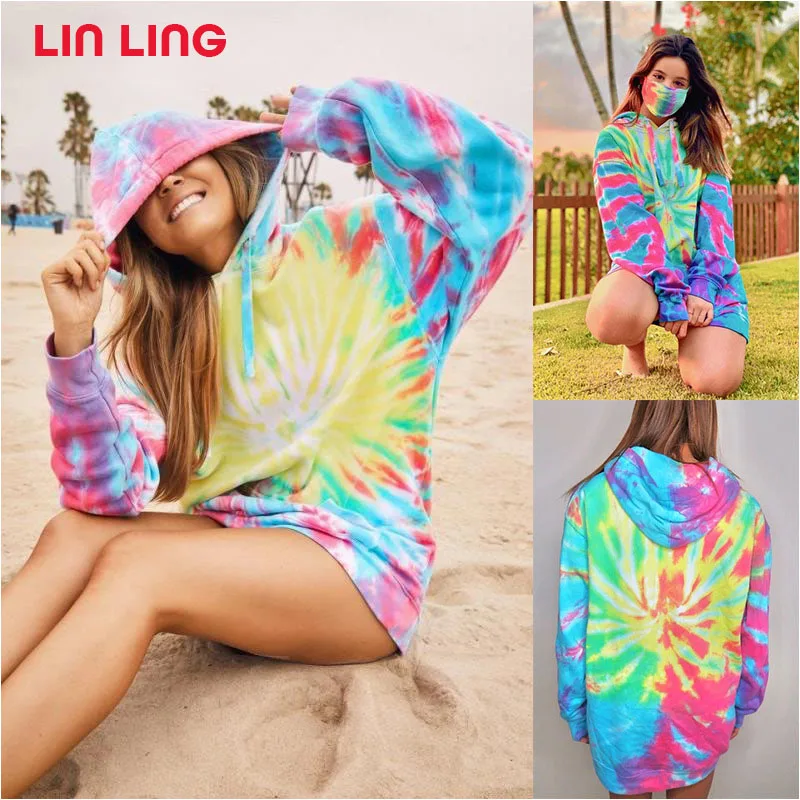 Толстовка с капюшоном принтом Tie dye осенняя Свободная Женская толстовка длинным