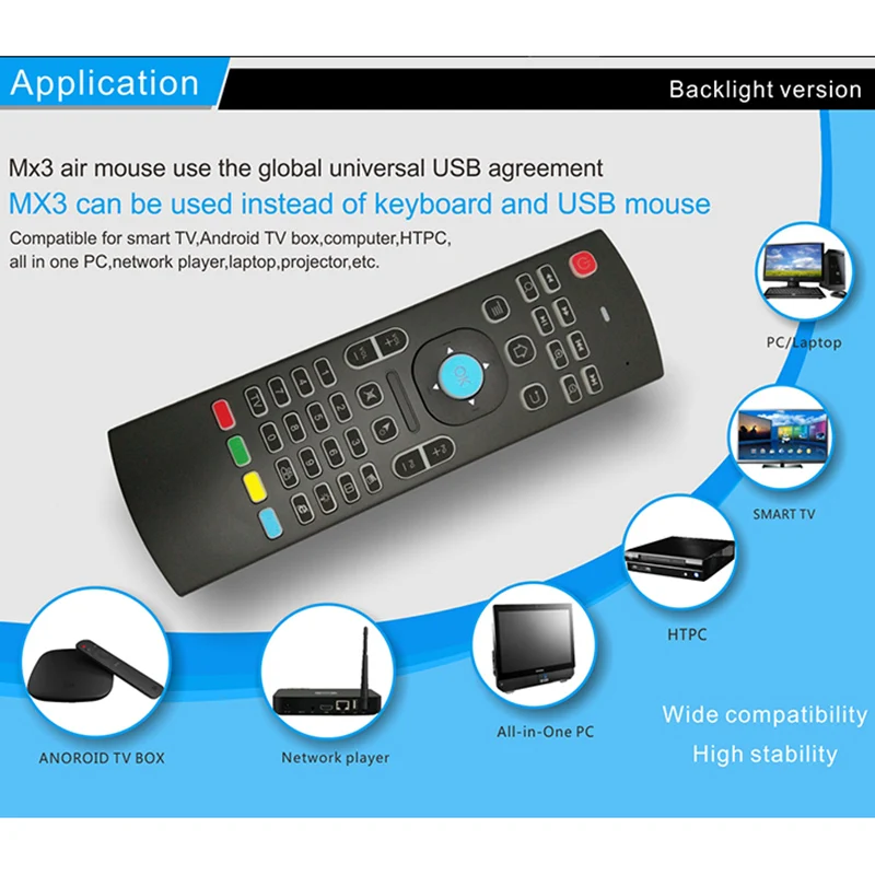 MX3 2.4G Wireless Keyboard Backlight Air Mouse Remote Control for TV Box Computer Smart 3 Axir Gyroscope Accelerator | Электроника
