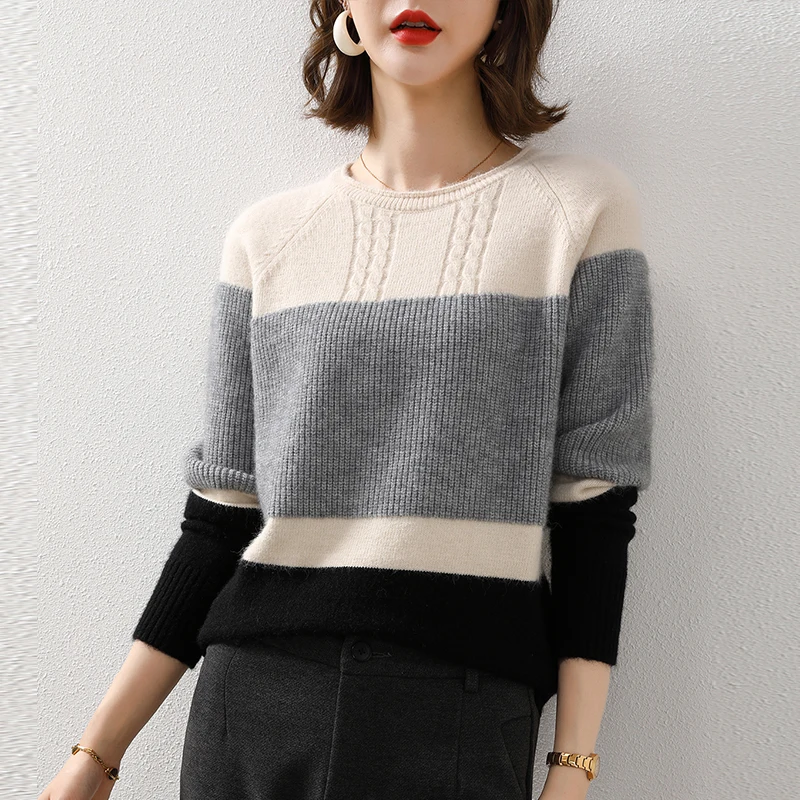 

New Elegant Women autumn/winter thick short striped sweater o-neck close-fitting knit sweater Slim bottoming shirt knit top