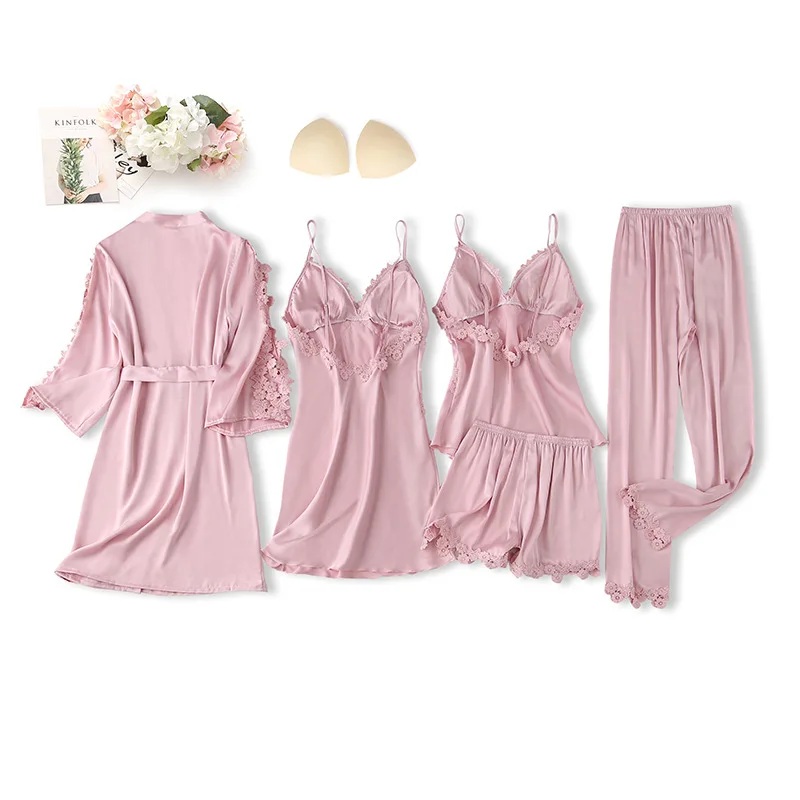 

5PCS Long Sleeve Satin Kimono Robe Set 2021 New Pajamas Suit Women Home Dessing Gown Sexy Lace Wedding Party Loungewear