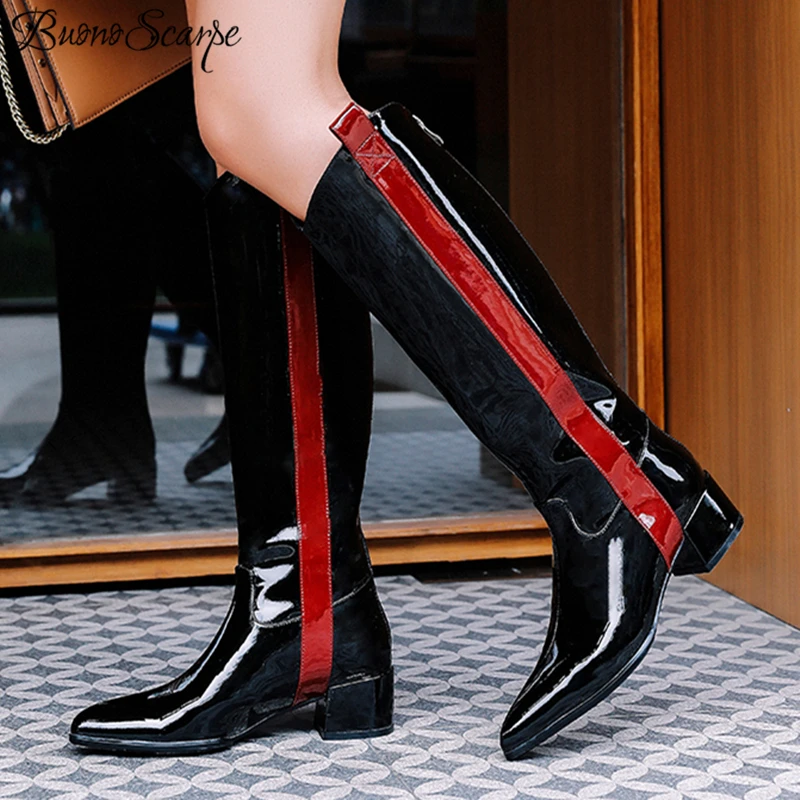 Buono Scarpe/женские высокие сапоги из лакированной кожи; брендовая Дизайнерская обувь на массивном каблуке; Разноцветные сапоги с острым носком; женская обувь; Большой размер 42