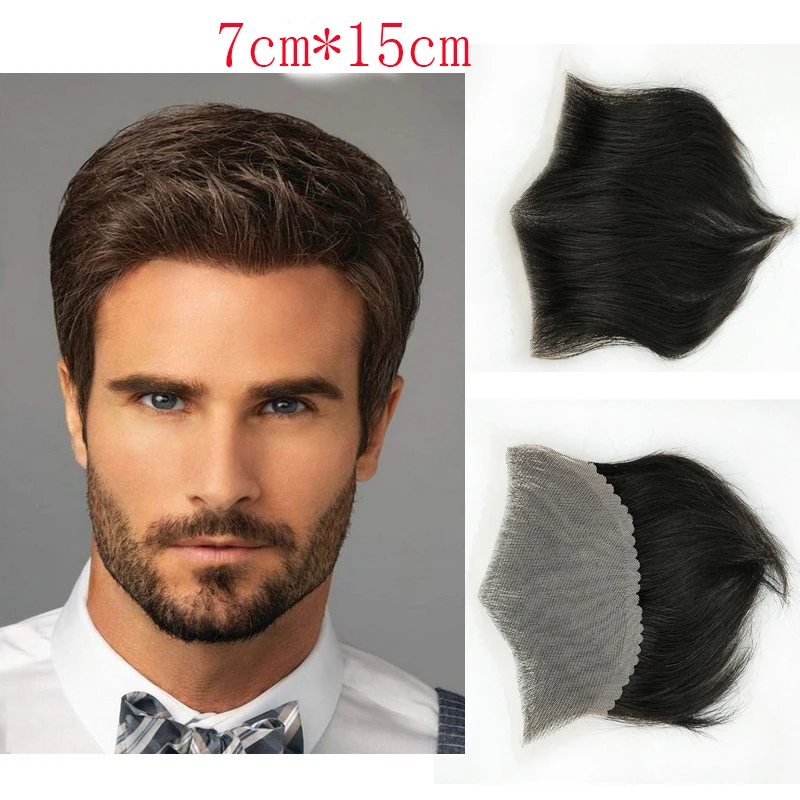 Men's Toupee Frontal Hairpiece for Covering Male Receding Hairline Natural Black Color Replacement System Wig Base Size 3