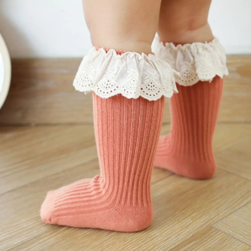 

Toddler Infant Baby Girls Knee High Socks with Grips Ruffled Lace Ribbed Knit Solid Color Non-Skid Cotton Long Stockings