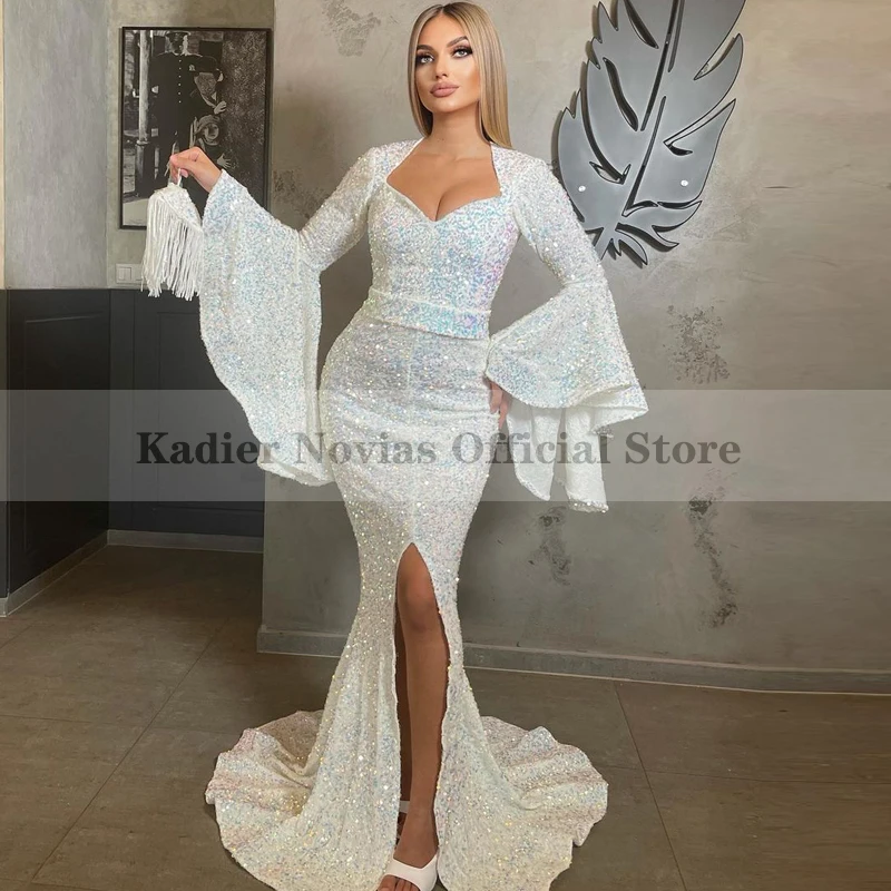 

Women's Long Sleeves White Sequins Mermaid Evening Dresses 2021 with Slit Party Dress Formal Prom Dress 2021