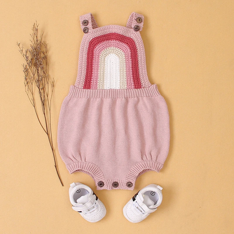 

Baby Girls Rainbow Braces Rompers 2020 New Autumn Infant Baby Romper Newborn Baby Girl Clothes Triangle Knitting Rompers