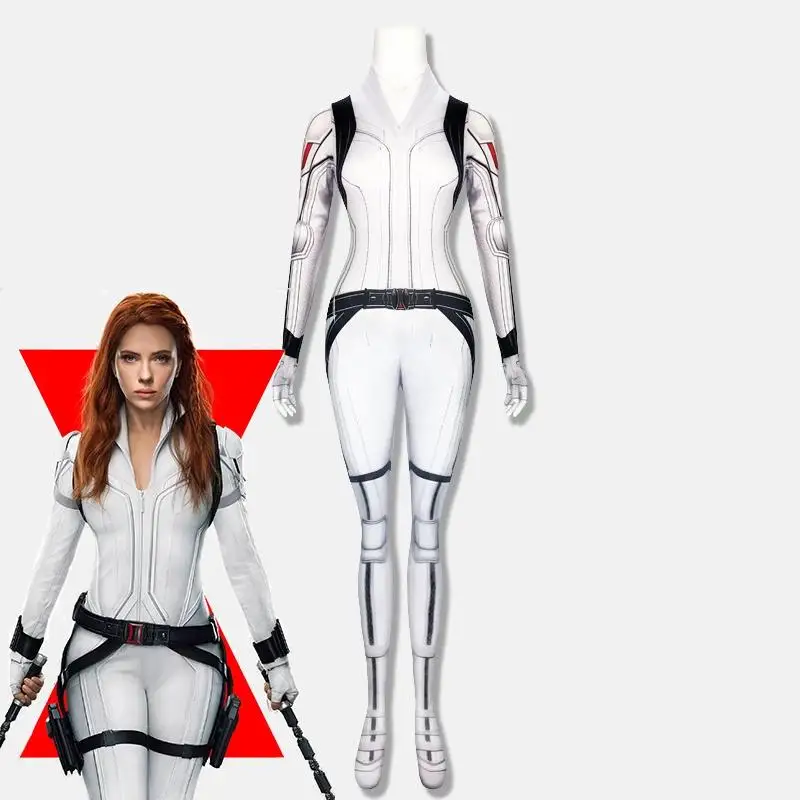 

Women Natasha Romanoff Cosplay White Zentai Jumpsuit Movie Black Bodysuit Widow Costume Kids
