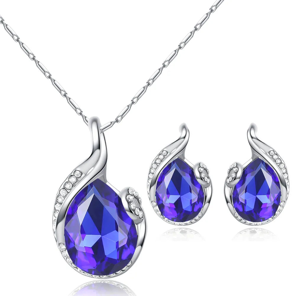 

TSHOU281 Bride Wedding Jewelry Set Blue Oval Crystal Necklace Earrings Set