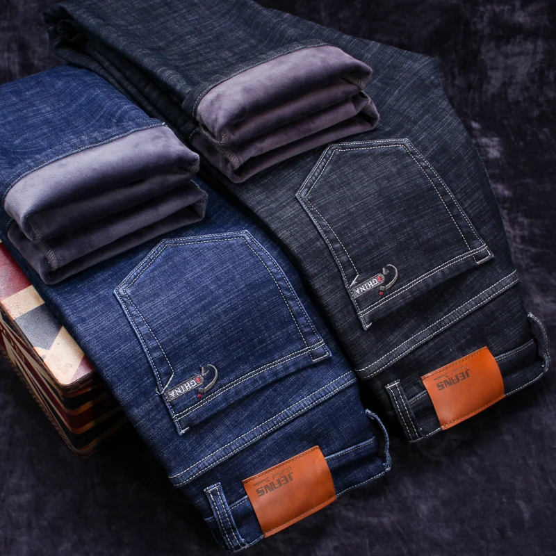 

2020 Winter New Men's Warm Black Jeans Elasticity Slim Fit Thicken Denim Pants Brand Trousers Male Bule Big Size 38 40 42