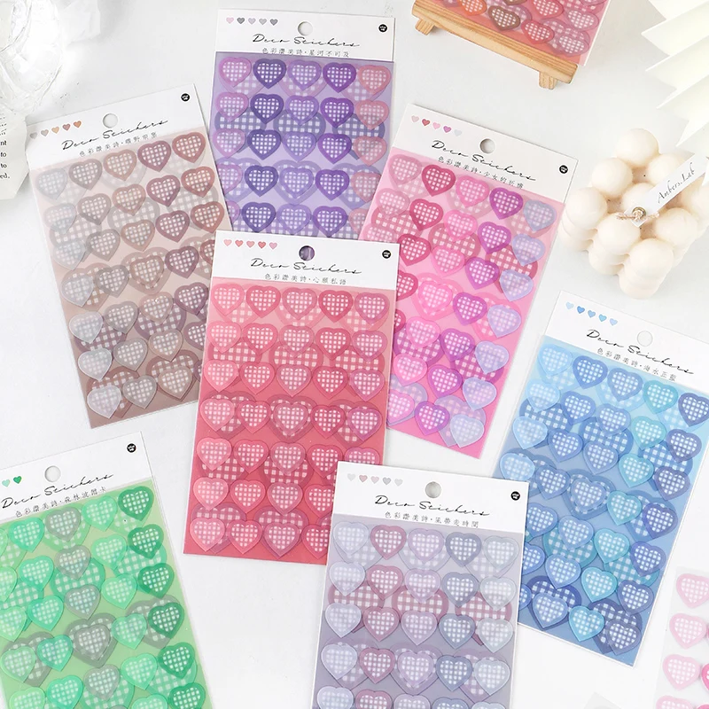 

3 Sheets Color Heart Deco Stickers Set PVC Transparent Love Lattice Plaid Adhesive Note Sticker Home DIY Art Decoration F564