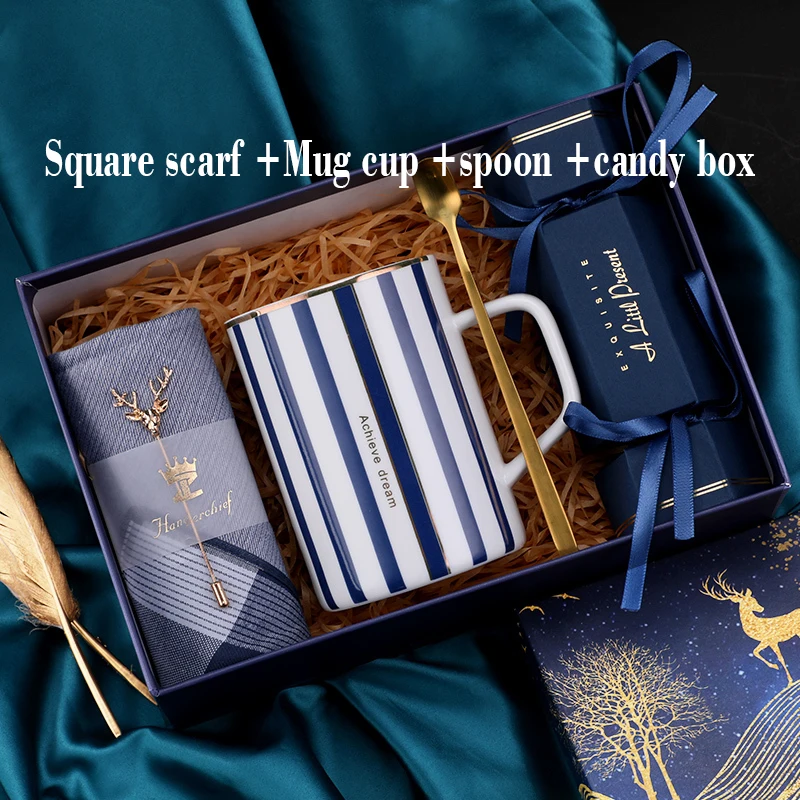 blue set A Подарок подружки невесты для подруги бойфренда подарки на день рождения розовый синий керамическая чашка носовой платок Брошь год Свадьба возврат подарки - Цвет: blue set A