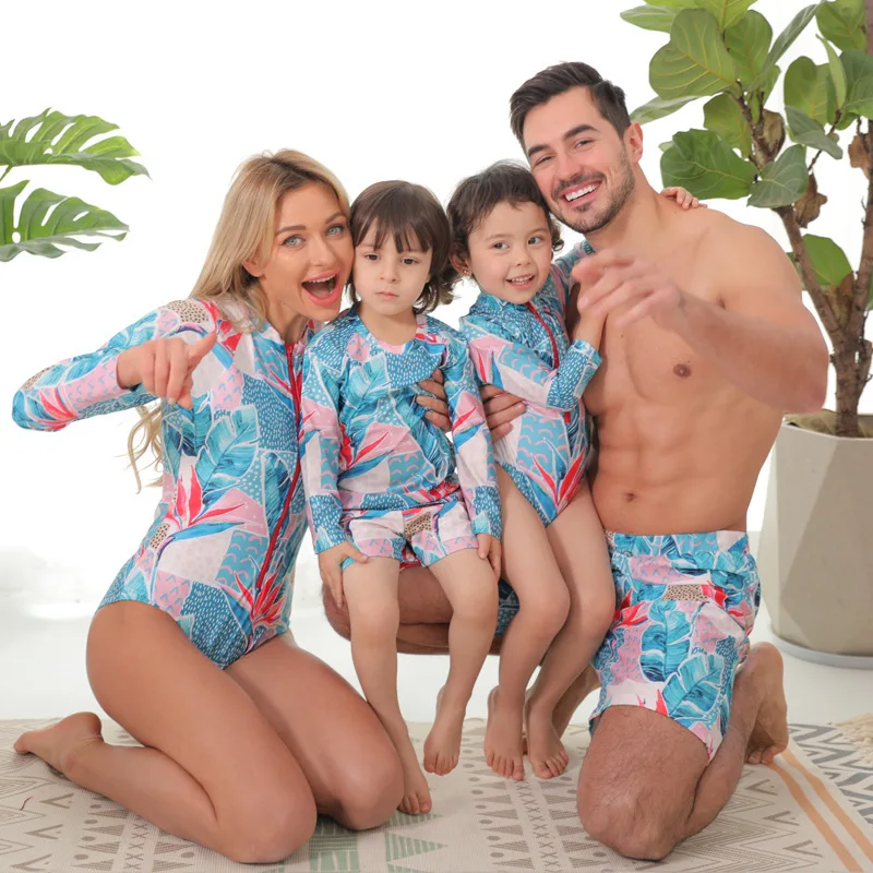 

2021 New Family Matching Swimsuit Women Long Sleeve Leaf Mother Daughter Kid Boy Girl Child Swimwear Trunks Bathing Swim Suit