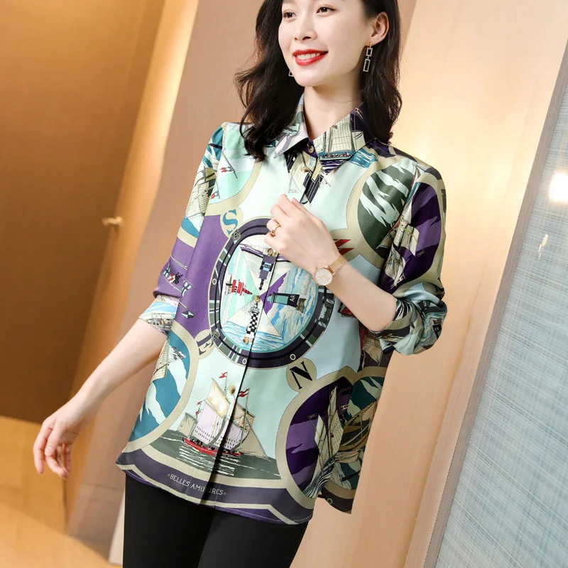 

2021 Fashion Twill Silk Shirt Woman 100% Real Silk Crepe Printed Long Sleeve Green Office Chic Blouse Shirt 2020 Elegant Shirt