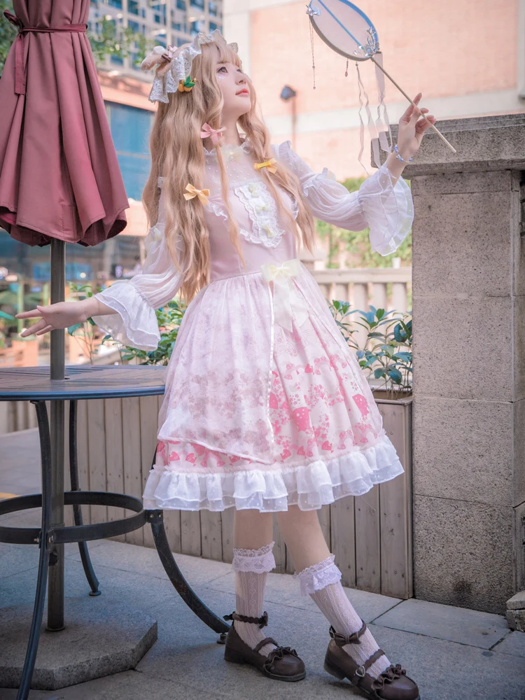 

Princess pink lolita dress vintage lace bowknot high collar kawaii dress cute printing victorian dress gothic lolita op loli cos