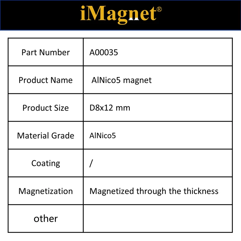 

A00035 10/50/100pcs/lot Ring AlNiCo magnet,D8x12mm,Custom magnetic steel AlNiCo5 magnet,cylinder magnet